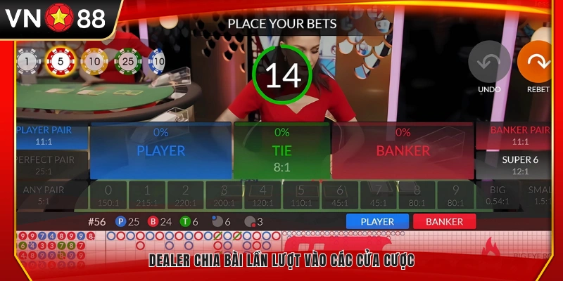 Dealer thực hiện phân bài lần lượt cho Player và Banker